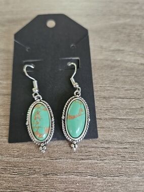 Turquoise Oval Drop Fashion Earrings - Green Stone Dangle-NWOT